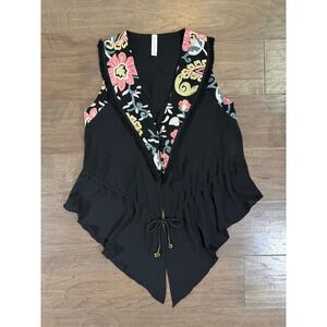 Epsilon Black‎ Floral Embroidered Handkerchief Hem Ruffle Vest Made in Greece M